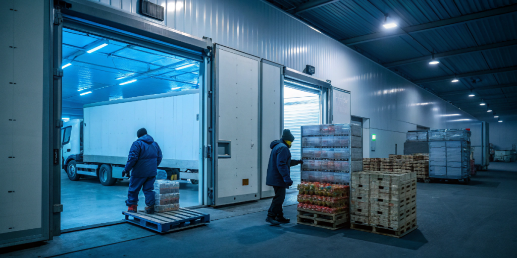 Commercial cold storage warehouse facility demonstrating professional temperature-controlled environment that represents the best way to store wine and other beverages with workers handling palletized goods