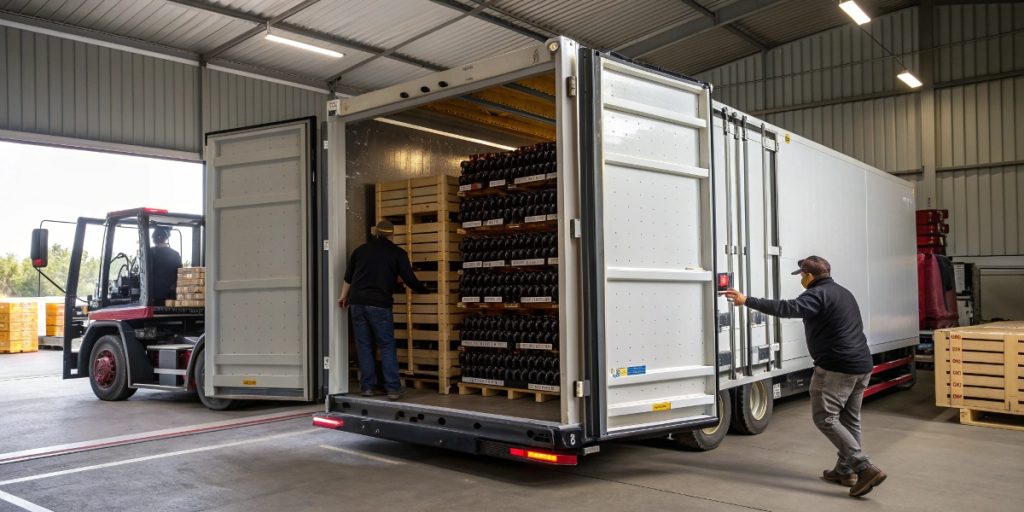 Temperature controlled shipping is demonstrated by this refrigerated truck with its cargo doors open, revealing wine bottles stored in wooden racks while workers manage the loading process in a warehouse facility