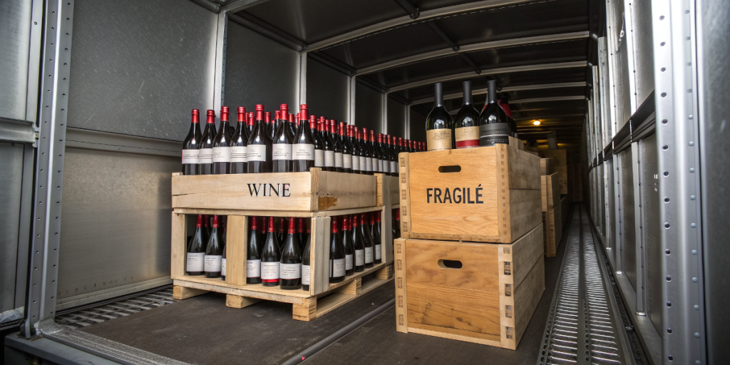 Professional wine storage setup demonstrating the best way to store wine using wooden crates and proper handling labels in commercial delivery truck environment