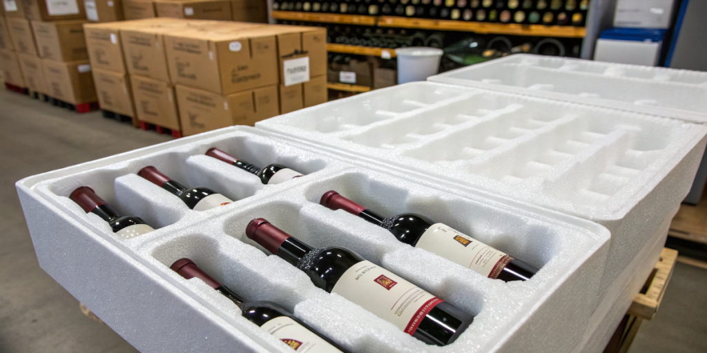 Wine insulated packaging shipping is demonstrated by these wine bottles securely nestled in white styrofoam containers with individual compartments, designed to protect bottles during transport in a warehouse distribution facility