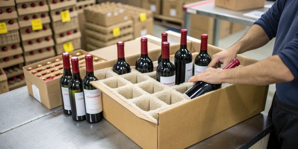Wine shipping requires careful handling as a warehouse worker places wine bottles into protective cardboard boxes with individual compartments to ensure safe transport and delivery