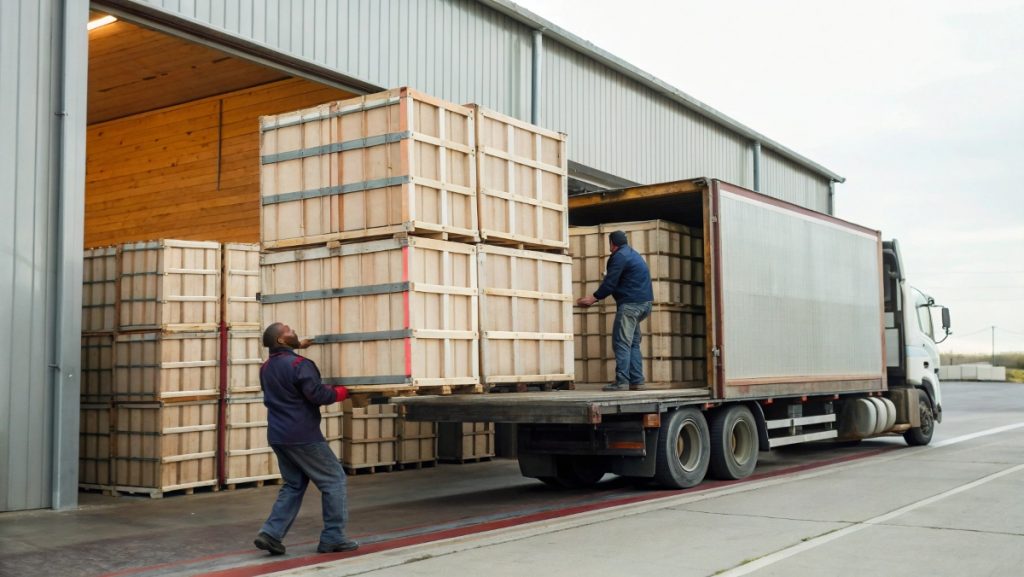 Two workers in blue uniforms carefully loading wooden wine crates onto a semi-truck trailer at an industrial facility, demonstrating the logistics and manual handling involved in bulk wine shipping operations from warehouse to distribution points.