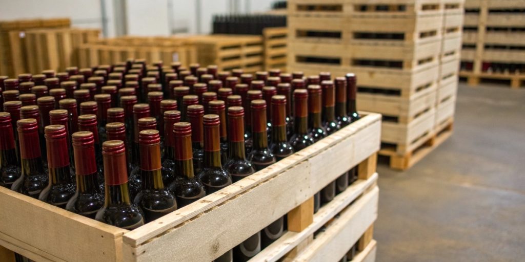 Warehouse facility showing organized rows of wine bottles with red foil capsules packed in wooden crates ready for bulk wine shipping operations, with additional wooden pallets stacked in the background for efficient logistics and distribution.