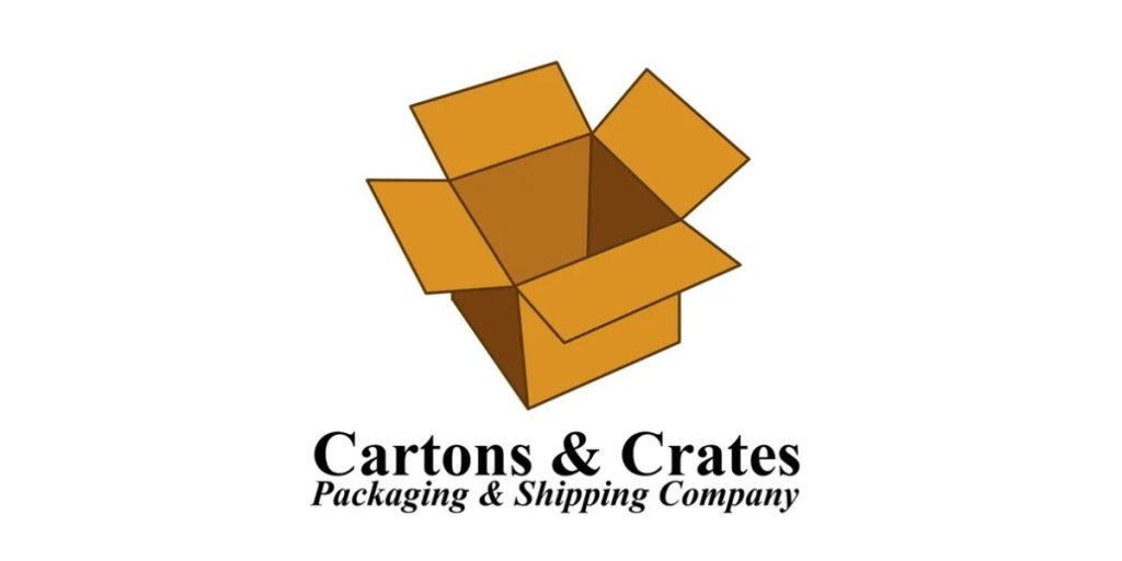 Cartons & Crates logo featuring an open cardboard box illustration in gold and brown tones with company name and packaging and shipping tagline.