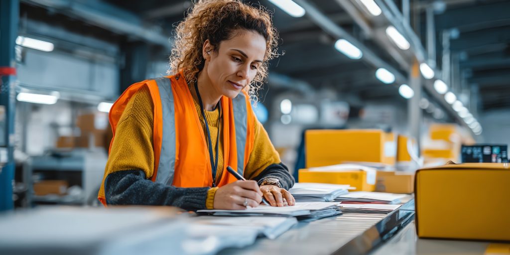 A warehouse worker in safety gear reviews shipping documentation at a table surrounded by yellow cardboard boxes, illustrating the international wine shipping customs clearance process in a logistics facility.