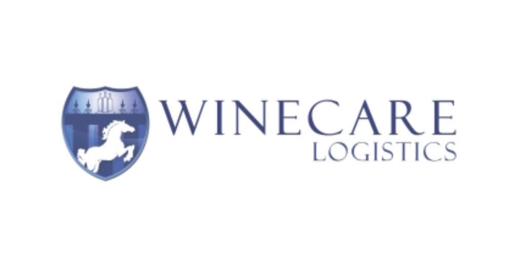WineCare Logistics logo featuring a blue shield with a horse silhouette and cityscape design alongside company name text.