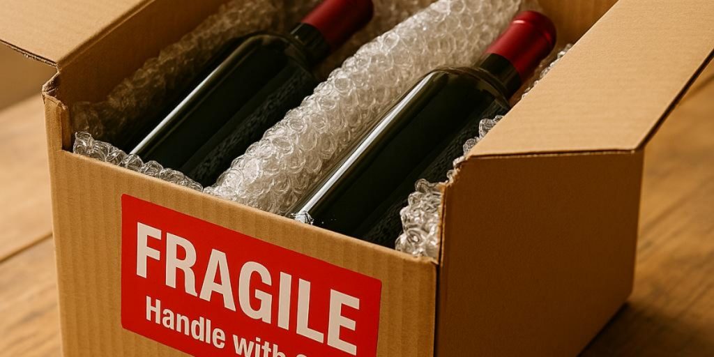 Best time of year to ship wine fragile shipment box containing wine bottles wrapped in protective bubble wrap material with red fragile handle with care label on cardboard packaging.