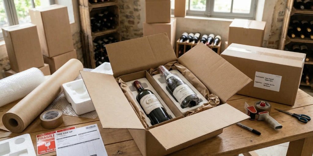Photograph showing why USPS cannot ship wine, depicting properly packaged wine bottles in cardboard boxes with protective padding, fragile labels, and shipping materials on a wooden table in a wine storage facility.