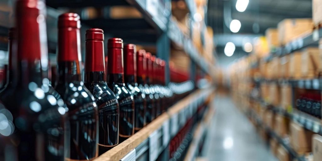 Wine bottles with red caps lined up on shelves in a wine store warehouse, demonstrating proper storage practices that complement how we protect wine bottles during shipping with appropriate packaging.