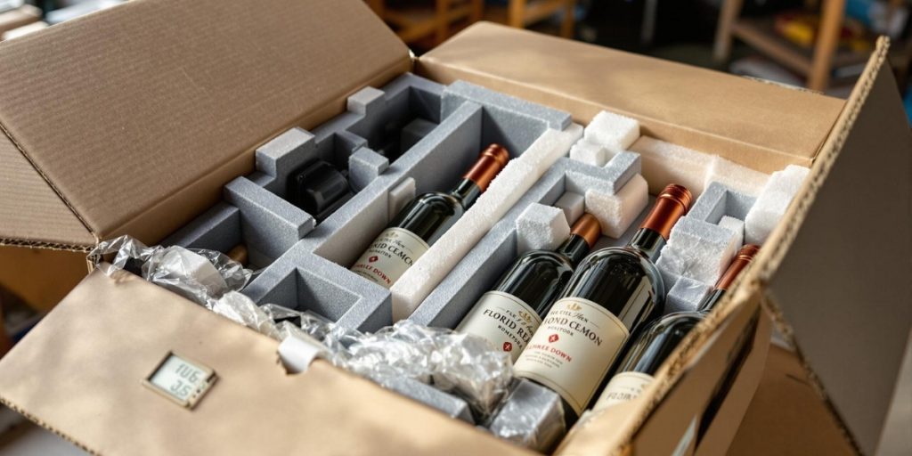 Premium wine bottles nestled in custom foam inserts and protective padding within a cardboard shipping box, demonstrating the advantages of wine shipping boxes vs wine travel bags for secure transport.