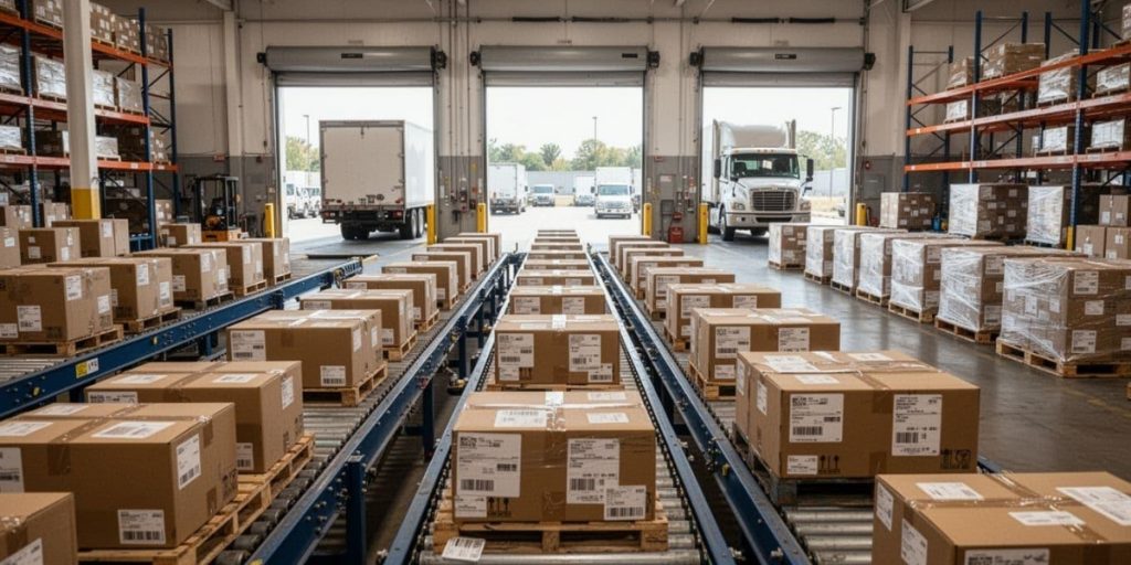 Wine club shipment consolidation: a warehouse fulfillment center with rows of cardboard boxes on conveyor belts ready for shipping and delivery.