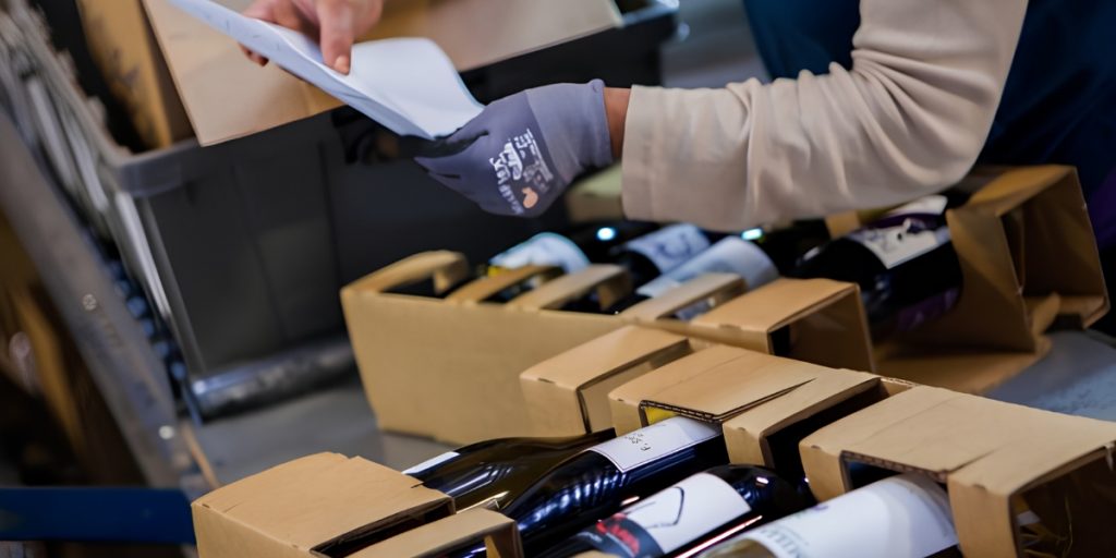 Wine club logistics showing workers packing wine bottles into cardboard shipping boxes with protective materials and quality control inspections at a fulfillment facility.